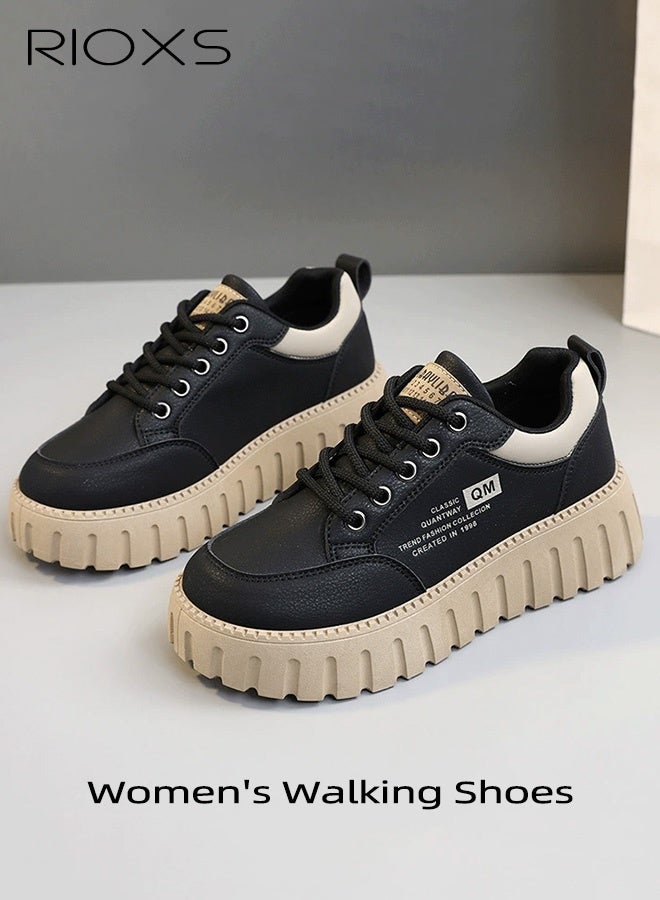 ريوكس حذاء رياضي نسائي بقاعدة سميكة، حذاء رياضي خفيف بقاعدة سميكة 5 سم، حذاء تنس مريح وقابل للتهوية برباط وباطن سميك، حذاء نسائي عصري وأنيق، حذاء غير قابل للانزلاق للمشي، مناسب للمواعيد الغرامية/العمل/الإجازة/الارتداء اليومي، أسود - Image 3