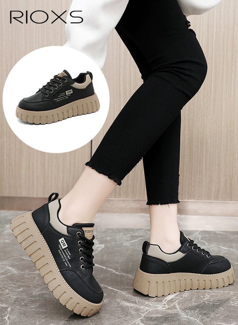 Women's Platform Sneakers, Lightweight 5cm Chunky Platform Sneakers, Comfy Brethable Lace-up Thick-soled Tennis Shoes, Fashion Ladies Athlesiure Shoes Street-style Shoes, Non-slip Classic Walking Shoes for Dating/ Work/ Vacation/Daily Wear, Black
