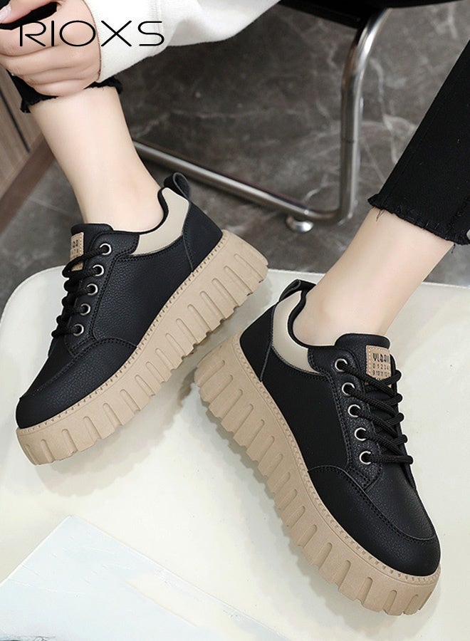 ريوكس حذاء رياضي نسائي بقاعدة سميكة، حذاء رياضي خفيف بقاعدة سميكة 5 سم، حذاء تنس مريح وقابل للتهوية برباط وباطن سميك، حذاء نسائي عصري وأنيق، حذاء غير قابل للانزلاق للمشي، مناسب للمواعيد الغرامية/العمل/الإجازة/الارتداء اليومي، أسود - Image 5