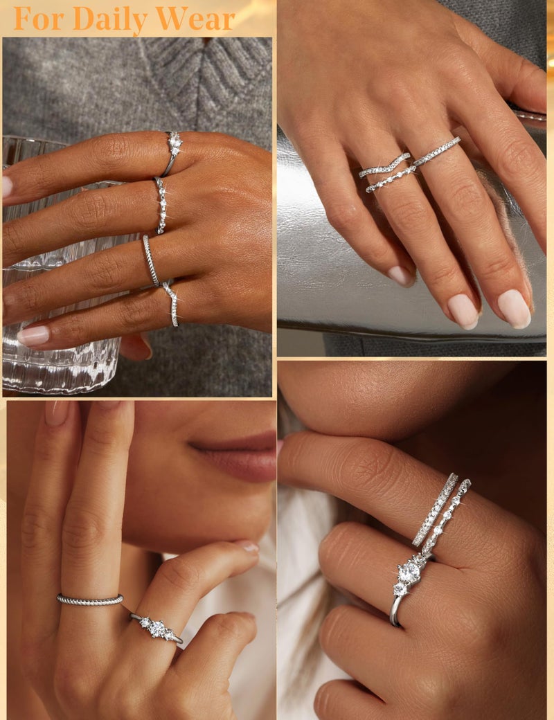 Florideco Stackable Rings for Women Silver Plated Minimalist Non Tarnish Cubic Zirconia Thumb Ring Set Dainty Knuckle Ring Trendy Statement Stacking Rings Set Size 8 - Image 4