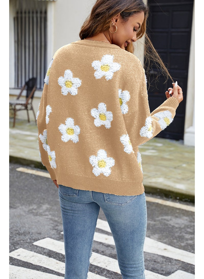 NIBEMINENT Autumn Winter V-Neck Cardigan Female Sweater Women Casual Flowers Embroidery Sweaters Coat Classic Knitting Long Sleeve Tops - Image 2