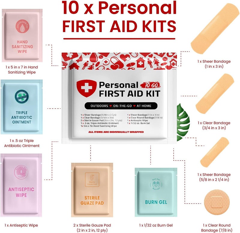 pH Advantage Portable Travel Size First Aid Kit  10 Pack  Perfect for Home Office Car School Business Travel Hiking Hunting and Outdoors  Individually Wrapped First Aid Products Red - Image 2