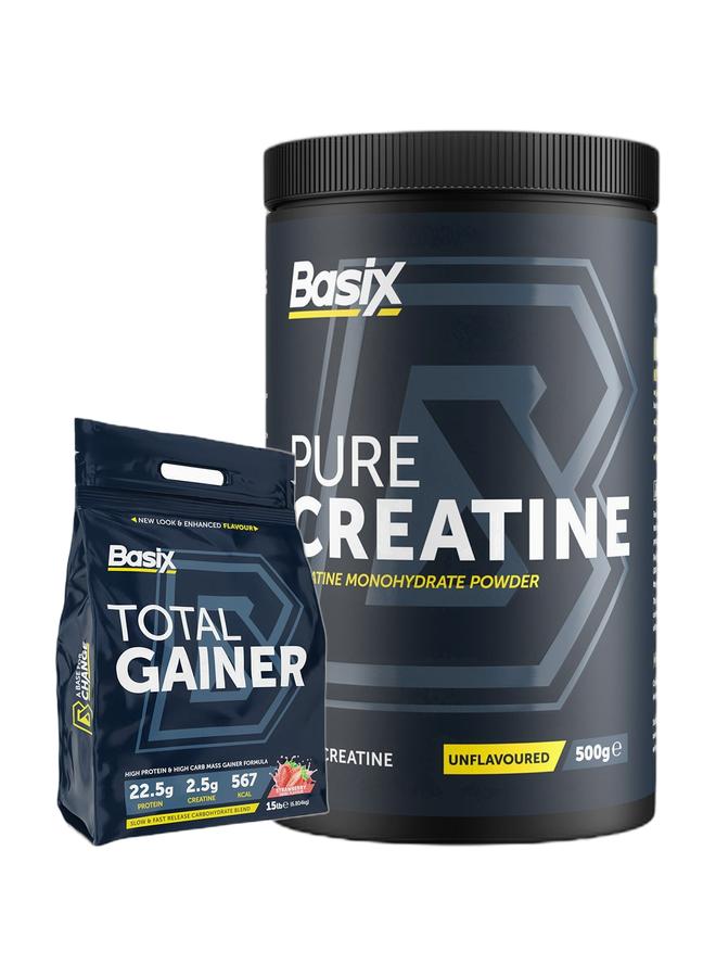 Basix عرض بوندي الحصري - تركيبة زيادة الوزن عالية البروتين والكربوهيدرات بنكهة الفراولة 15LB وكرياتين نقي بدون نكهة 500 جرام - Image 1