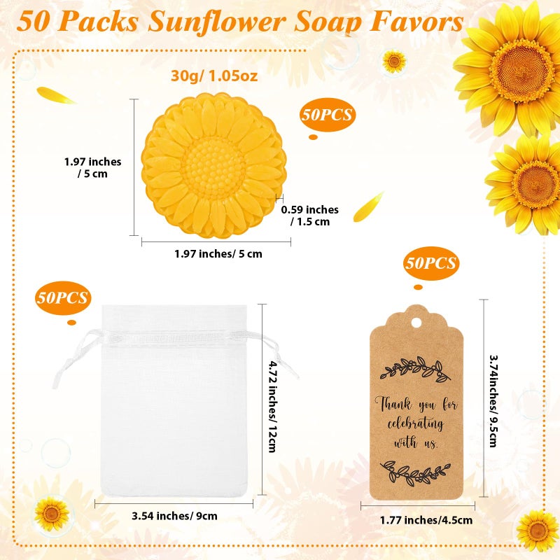 Demissle 50 Set Wedding Party Favors Sunflower Soap Favors for Guests with Thank You Tag Gift Pouches Sunflower Party Supplies for Adults Return Gift Bridal Shower Baby Shower Decorations - Image 2
