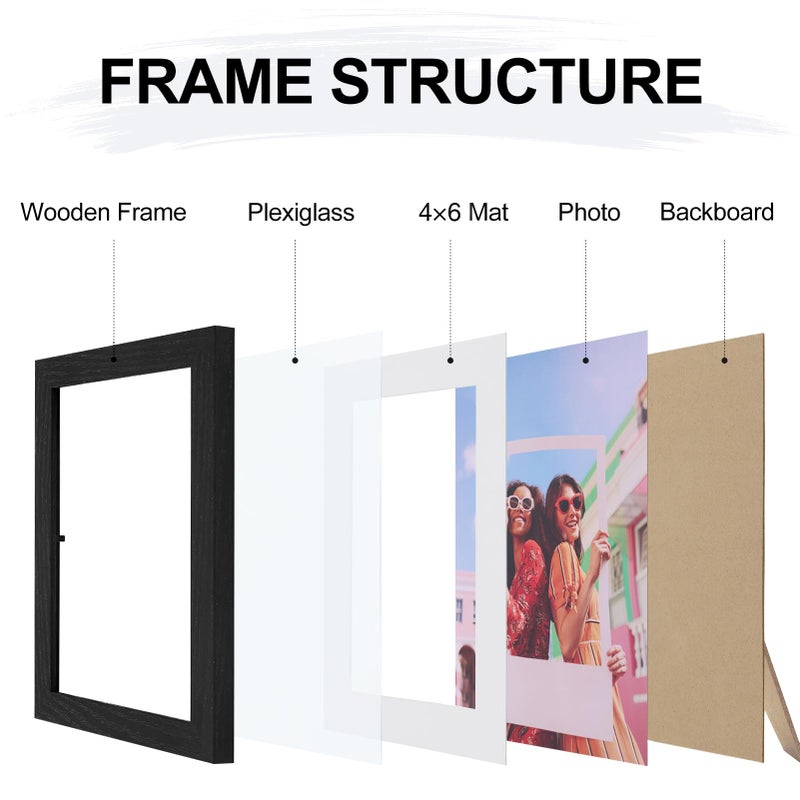 Vittanly 6x8 Picture Frame  Display Pictures 4x6 with Mat or 6x8 without Mat  Engineered Wood with Shatter Resistant Plexiglass  Photo Frame for Wall Display  Black  1 Pack - Image 2