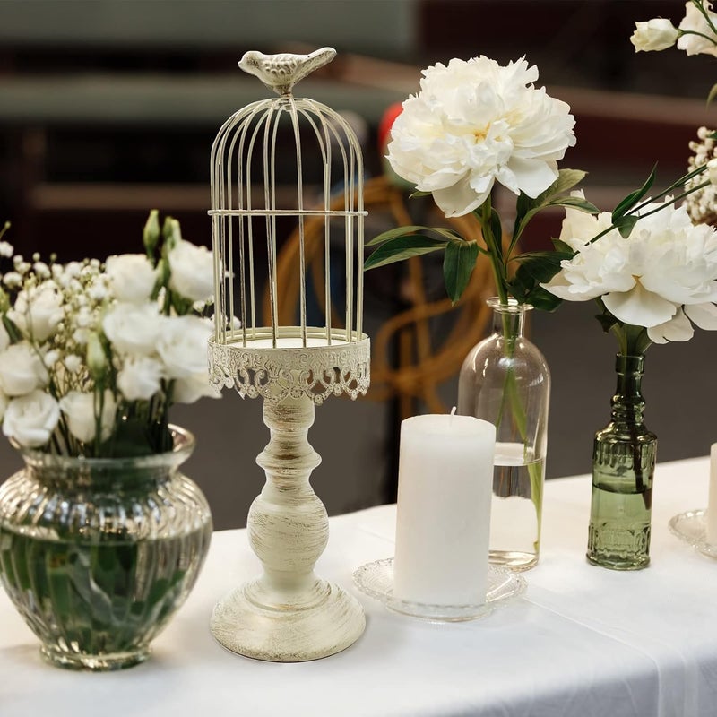 Zalaxt Retro Shabby Candle Holder, Decorative Birdcage Candle Holder,Bird Cage Decor Vintage Metal Candlestick for Wedding,Party Vintage Gothic Decor,Victoriana Decor,Home Decor White 15 Inch - Image 1