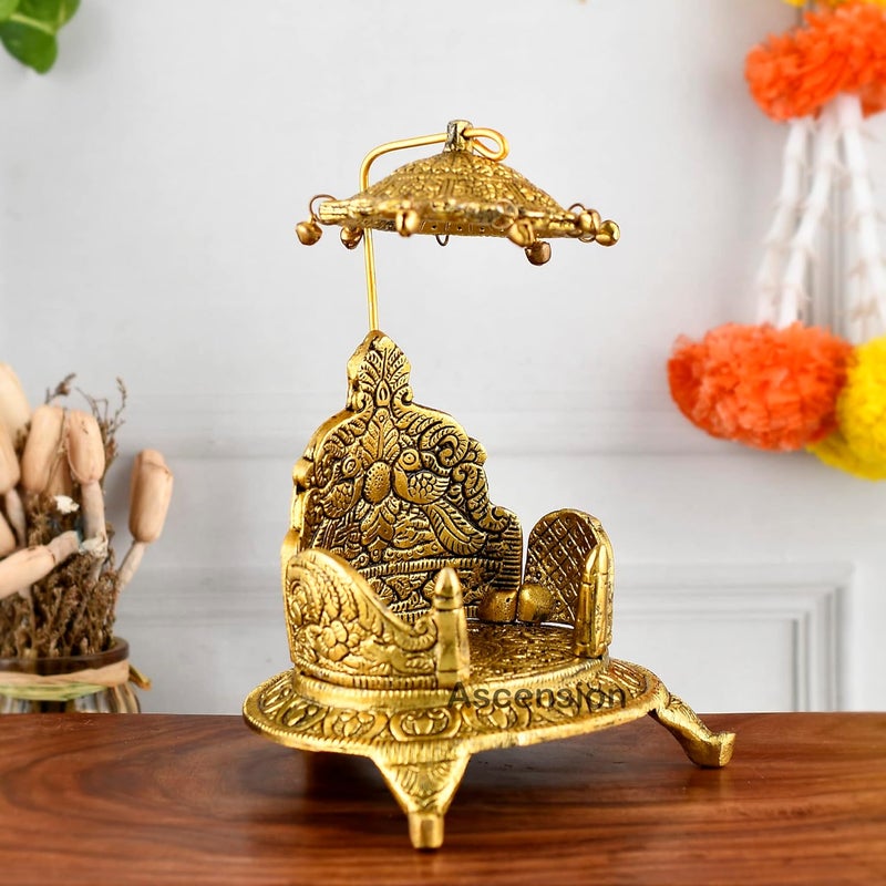 ascension Metal Singhasan Oval Shaped for Ganesha Krishna God Idols Nand Gopal Palana Gold Plated for Temple Pooja Room Ladoo Gopal Pooja Chowki for Pooja Mandir - Image 2
