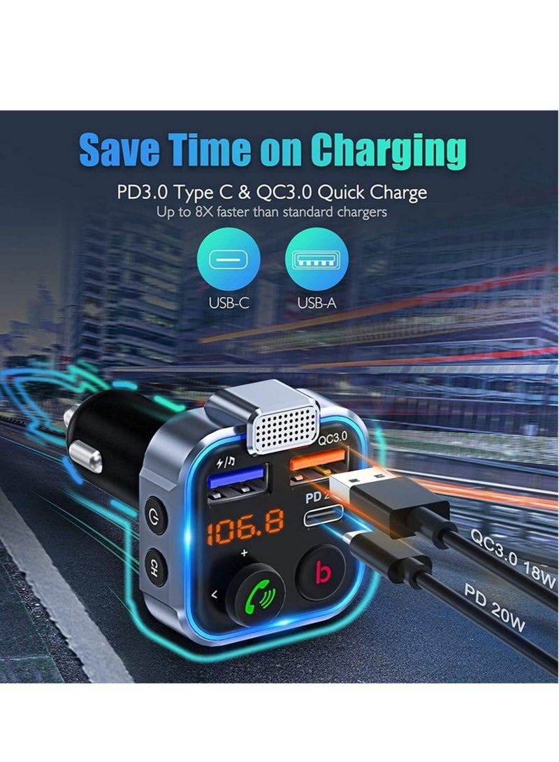 ELTRAZONE Car FM Transmitter, Wireless Bluetooth 5.0 Radio Adapter Car Kit, PD3.0 Type C 20W+QC3.0 Car Fast Charger, Hands Free Calling, Bass Lossless Hi-Fi Sound Support U Disk - Image 2