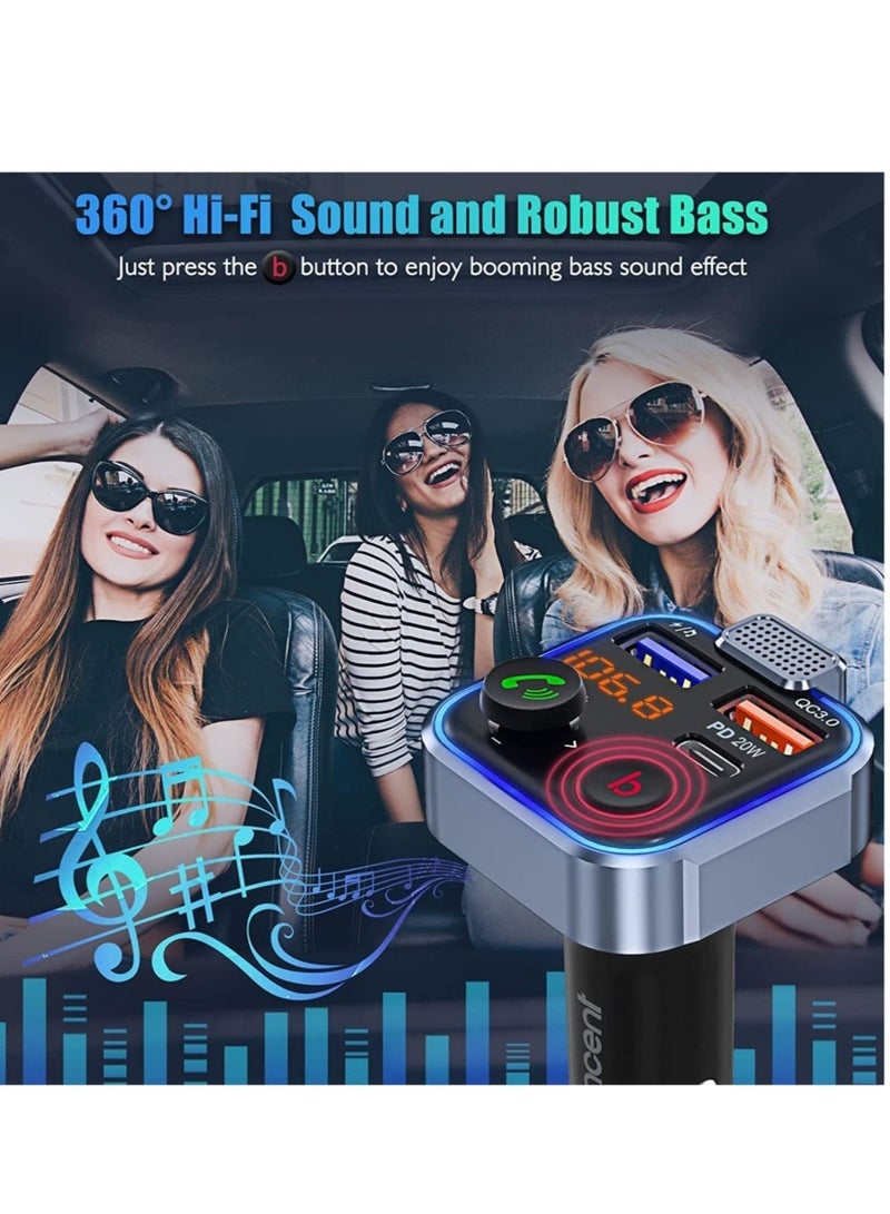 ELTRAZONE Car FM Transmitter, Wireless Bluetooth 5.0 Radio Adapter Car Kit, PD3.0 Type C 20W+QC3.0 Car Fast Charger, Hands Free Calling, Bass Lossless Hi-Fi Sound Support U Disk - Image 4