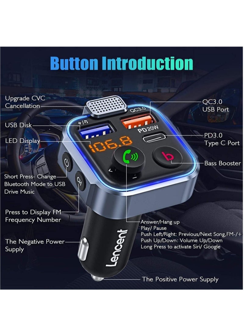 ELTRAZONE Car FM Transmitter, Wireless Bluetooth 5.0 Radio Adapter Car Kit, PD3.0 Type C 20W+QC3.0 Car Fast Charger, Hands Free Calling, Bass Lossless Hi-Fi Sound Support U Disk - Image 5