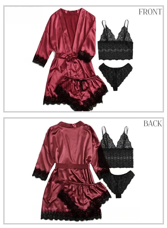 4 Pack Women's Nightwear Set Lace Trimmed Lightweight Silk Satin Sleepwear Pajama Ladies Summer Breathable Home Wearing Clothes Suits (Underwear + Panties + Robe + Shorts) Red and Black - Image 2