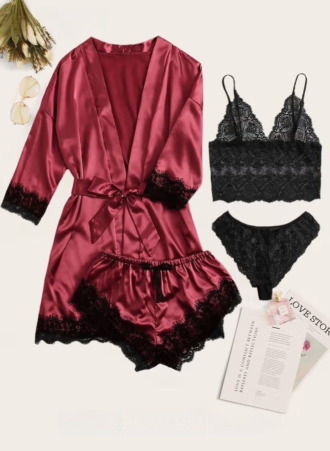 4 Pack Women's Nightwear Set Lace Trimmed Lightweight Silk Satin Sleepwear Pajama Ladies Summer Breathable Home Wearing Clothes Suits (Underwear + Panties + Robe + Shorts) Red and Black - Image 1