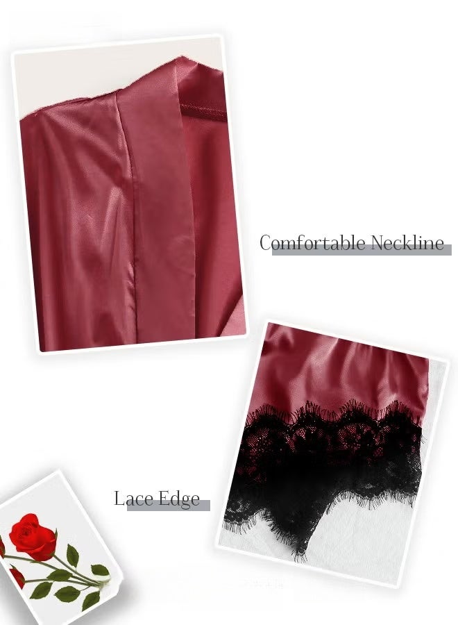 4 Pack Women's Nightwear Set Lace Trimmed Lightweight Silk Satin Sleepwear Pajama Ladies Summer Breathable Home Wearing Clothes Suits (Underwear + Panties + Robe + Shorts) Red and Black - Image 5
