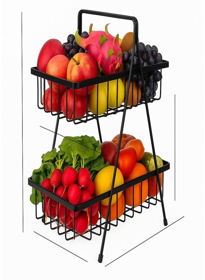 GLOCY 2-Tier Metal Storage Basket Organizer, Black Wire Shelf with Handle, Kitchen Counter Fruit Vegetable Storage, Medicine Cabinet Organizer (pack of 1) - Image 2