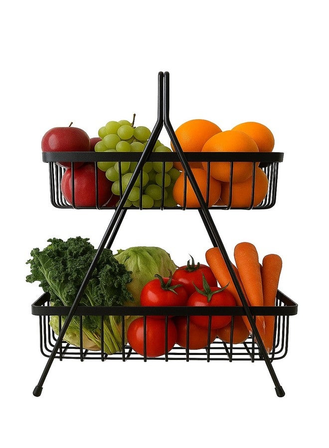 GLOCY 2-Tier Metal Storage Basket Organizer, Black Wire Shelf with Handle, Kitchen Counter Fruit Vegetable Storage, Medicine Cabinet Organizer (pack of 1) - Image 1