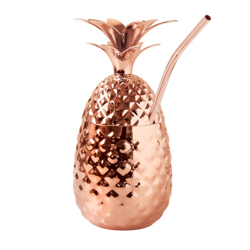 Oggi Stainless Steel Pineapple Cup with Stand  Lid 12oz Copper Plated Metal Pineapple Bar Accessories for Summer Cocktail Cups Make Great Drinking Gifts
