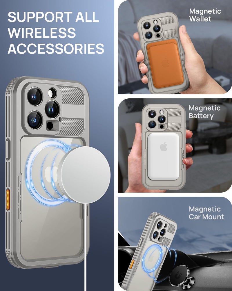 Lanhiem Magnetic for iPhone 16 Pro Case, IP68 Waterproof Dustproof Case, [Compatible with Magsafe] [Built-in Screen Protector] Full Body Heavy Duty Rugged Phone Cover 6.3 inch, Natural - Image 3