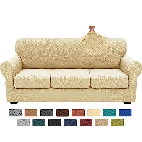 XINEAGE 2025 New 4 Pieces Couch Covers for 3 Cushion Couch Super Stretch Thick Soft Sofa Cover Anti Slip Sofa Slipcover Dogs Cats Furniture Protector (Beige, 71"-91") - Image 1
