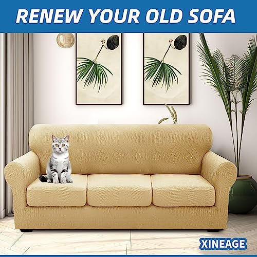 XINEAGE 2025 New 4 Pieces Couch Covers for 3 Cushion Couch Super Stretch Thick Soft Sofa Cover Anti Slip Sofa Slipcover Dogs Cats Furniture Protector (Beige, 71"-91") - Image 4