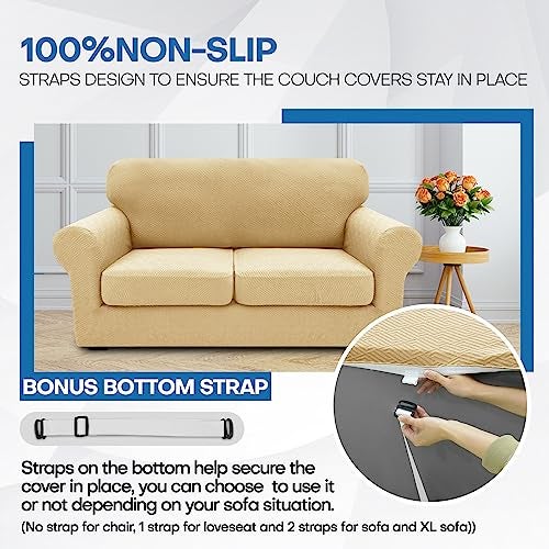 XINEAGE 2025 New 4 Pieces Couch Covers for 3 Cushion Couch Super Stretch Thick Soft Sofa Cover Anti Slip Sofa Slipcover Dogs Cats Furniture Protector (Beige, 71"-91") - Image 5