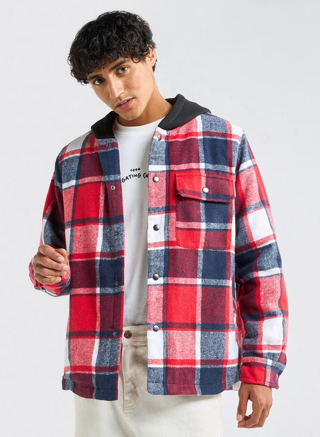 سبلاش فيڤ قميص كاروهات بأكمام طويلة وأزرار إغلاق كبس وقبعة