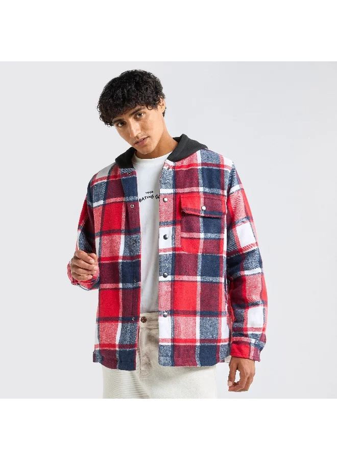 Splash FAV Checked Hooded Shirt with Long Sleeves and Snap Button Closure