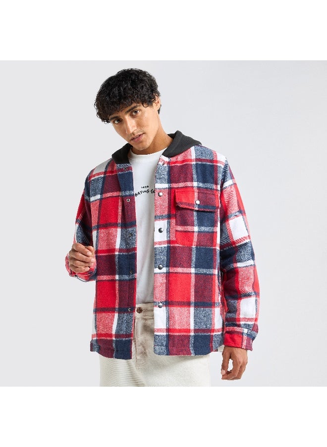 Checked Hooded Shirt with Long Sleeves and Snap Button Closure