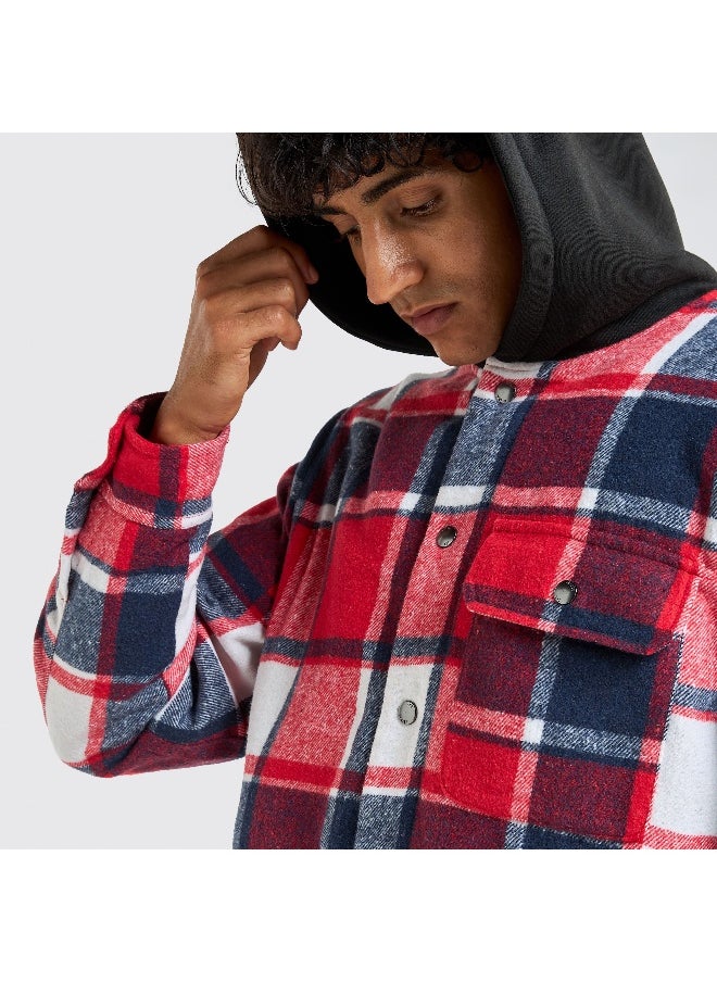 Checked Hooded Shirt with Long Sleeves and Snap Button Closure