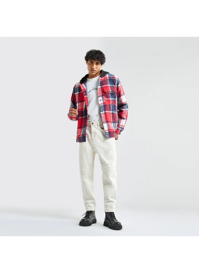 FAV Checked Hooded Shirt with Long Sleeves and Snap Button Closure