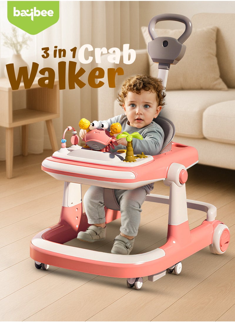 BAYBEE 3 in 1 Crab Baby Walker for Kids, Baby Push Walker with Parental Push Handle, 5 Adjustable Height, Speed Adjustable, Foldable Kids Walker with Light, Tray & Musical Toddler Walker for Baby 6 to 24 Months Boy Girl Pink  - Image 2