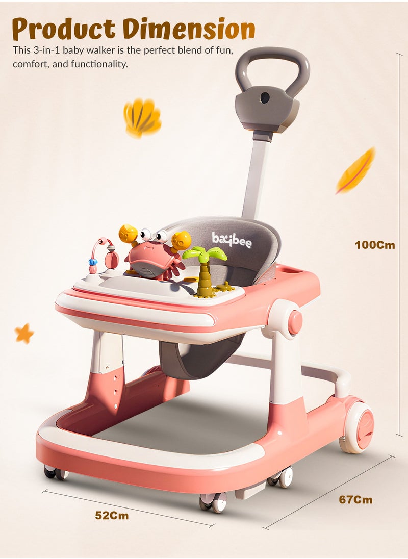 BAYBEE - 3 in 1 Crab Baby Walker for Kids, Baby Push Walker with Parental Push Handle, 5 Adjustable Height, Speed Adjustable, Foldable Kids Walker with Light, Tray & Musical Toddler Walker for Baby 6 to 24 Months Boy Girl Pink - Image 1