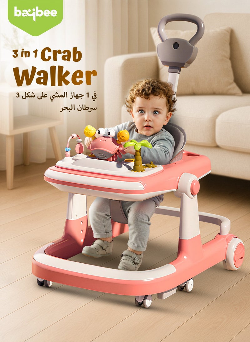 بيبي عربة المشي للأطفال 3 في 1 على شكل سلطعون – عربة دفع للأطفال مع مقبض دفع للوالدين، بارتفاع قابل للتعديل 5 مستويات، وسرعة قابلة للتعديل، عربة أطفال قابلة للطي مزودة بأضواء وصينية وموسيقى، للأطفال من عمر 6 إلى 24 شهراً – وردي - Image 2