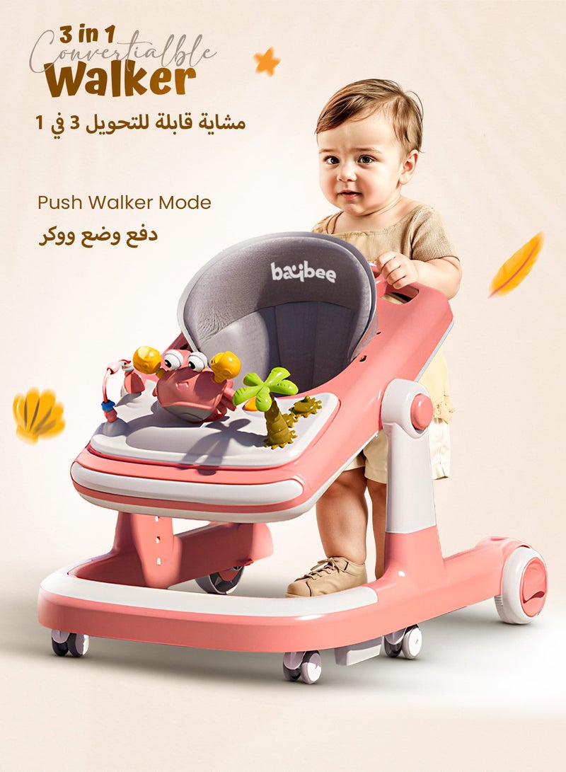 بيبي عربة المشي للأطفال 3 في 1 على شكل سلطعون – عربة دفع للأطفال مع مقبض دفع للوالدين، بارتفاع قابل للتعديل 5 مستويات، وسرعة قابلة للتعديل، عربة أطفال قابلة للطي مزودة بأضواء وصينية وموسيقى، للأطفال من عمر 6 إلى 24 شهراً – وردي - Image 3
