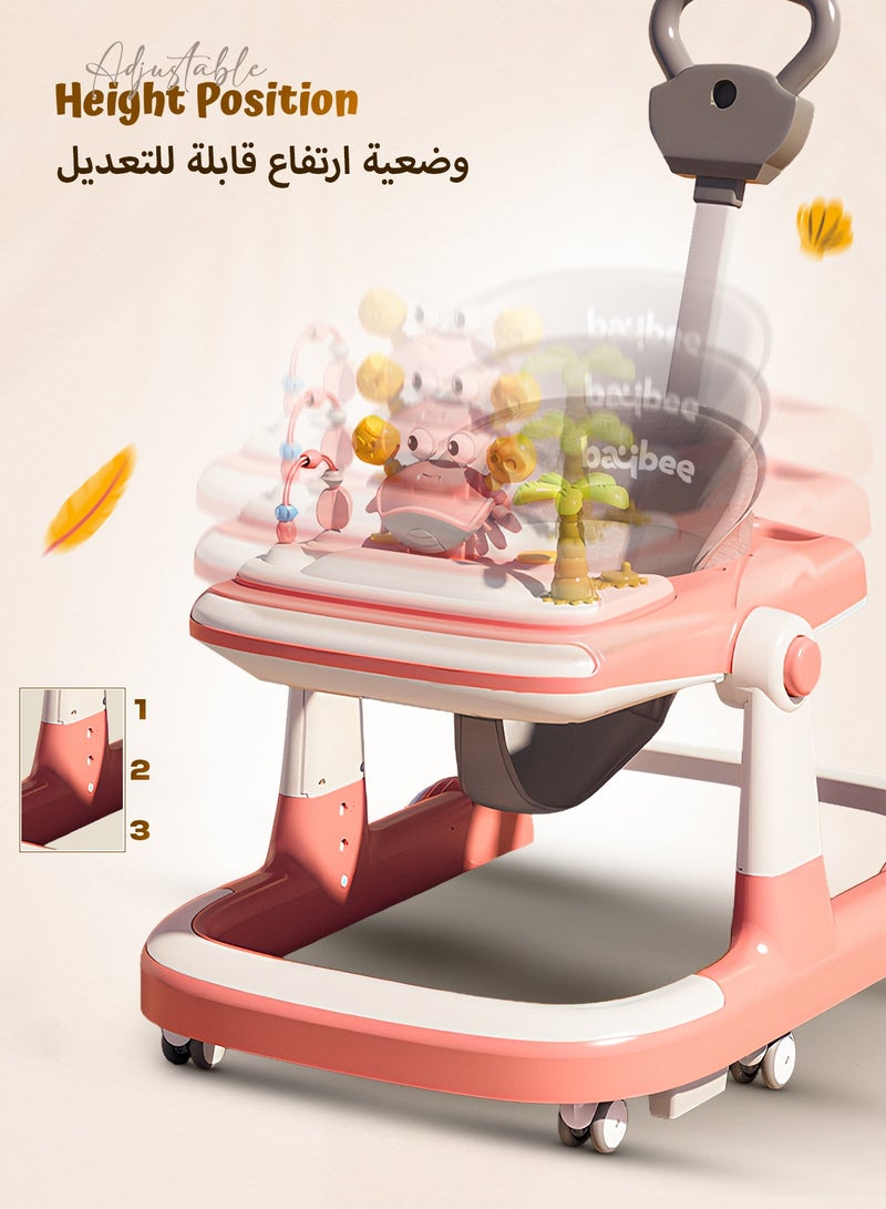 بيبي عربة المشي للأطفال 3 في 1 على شكل سلطعون – عربة دفع للأطفال مع مقبض دفع للوالدين، بارتفاع قابل للتعديل 5 مستويات، وسرعة قابلة للتعديل، عربة أطفال قابلة للطي مزودة بأضواء وصينية وموسيقى، للأطفال من عمر 6 إلى 24 شهراً – وردي - Image 4