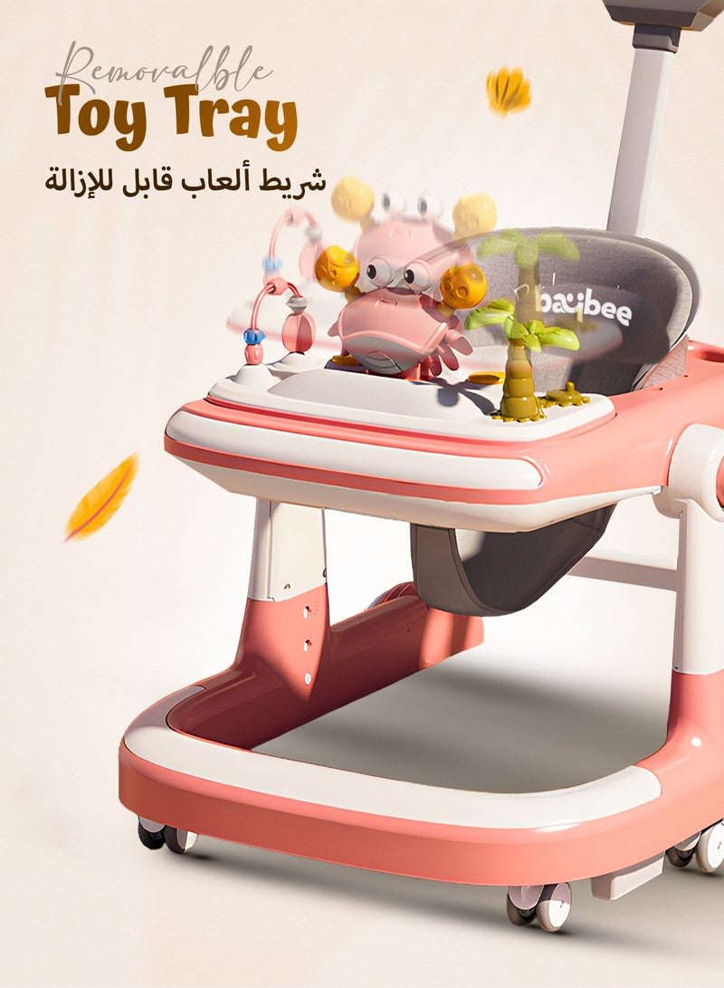 بيبي عربة المشي للأطفال 3 في 1 على شكل سلطعون – عربة دفع للأطفال مع مقبض دفع للوالدين، بارتفاع قابل للتعديل 5 مستويات، وسرعة قابلة للتعديل، عربة أطفال قابلة للطي مزودة بأضواء وصينية وموسيقى، للأطفال من عمر 6 إلى 24 شهراً – وردي - Image 5