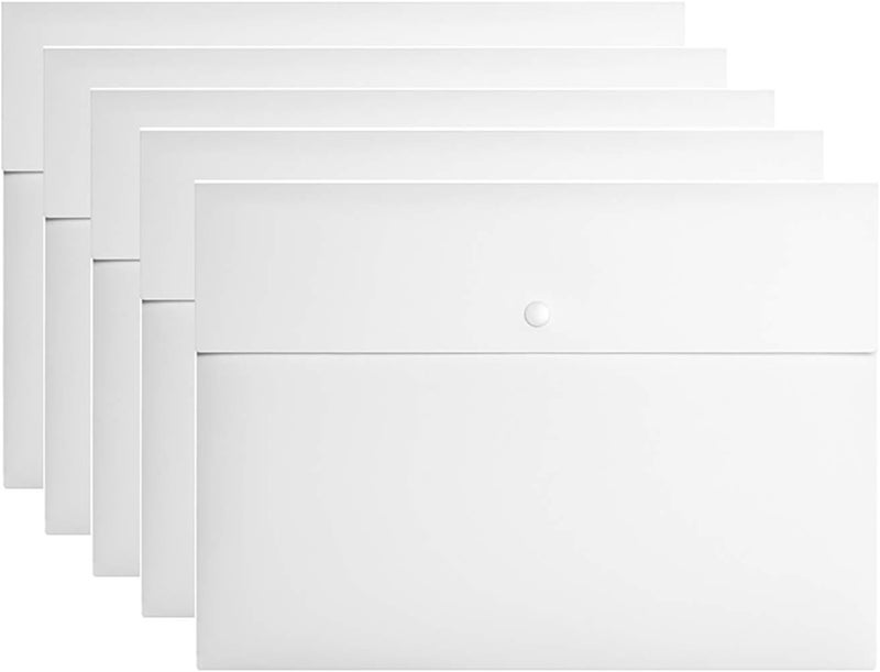VANRA Poly File Folder Pockets File Jacket Plastic Envelope Flat Document Letter Organizer with Snap Button Closure A4 Letter Size (Pack of 5, White) - Image 1