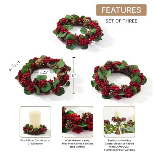 LampLust Winter Candle Rings Set of 3 Mini Wreaths With Pine Cones Red Berries Fit 3 Inch Pillar Candles Table Decor Farmhouse Mantel Decor - Image 3