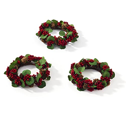 LampLust Winter Candle Rings Set of 3 Mini Wreaths With Pine Cones Red Berries Fit 3 Inch Pillar Candles Table Decor Farmhouse Mantel Decor - Image 1