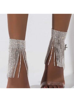ELABEST Rhinestone Ankle Bracelets Crystal Tassel Anklet 2Pcs Glitter Tennis Foot Chain Wedding Jewelry Accessories For Women And Girls(Silver)  - Image 3