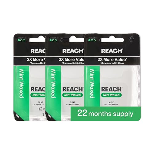 REACH Waxed Dental Floss, Mint, 2X More Value, Plaque Remover for Teeth, Shred Resistant, Floss Slides Smoothly, Easy to Use, Waxed, for Adults & Kids, Oral Care, PFAS Free, 3 Pack, 115 yd - Image 2