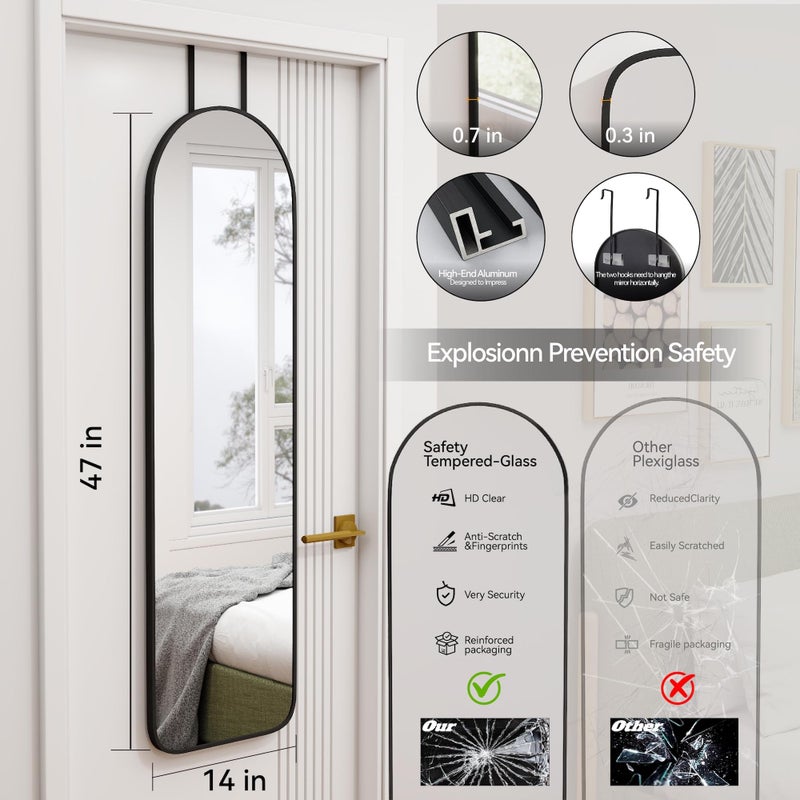 SCWF-GZ 47x14 Mirror Full Length Back Door Hanging or Wall Mounted Aluminum Metal Frame Arch Mirrors for Entryway Bedroom Bathroom Dressing Living Room 47 14 inch Black - Image 3