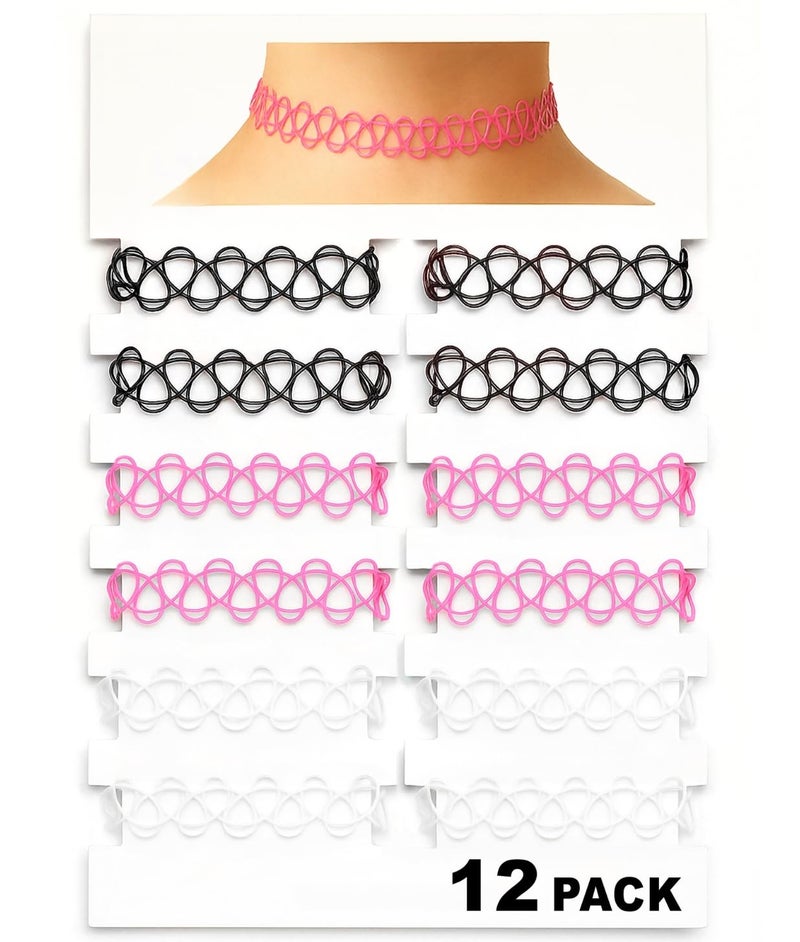 BodyJ4You 12PC Tattoo Choker Necklace - 90s Accessories 2000s Jewelry Y2K Fashion Vintage Trendy - Gothic Black Henna Pink White - Adjustable Stretchy Elastic Necklace Summer Vacation Gift Set - Image 2