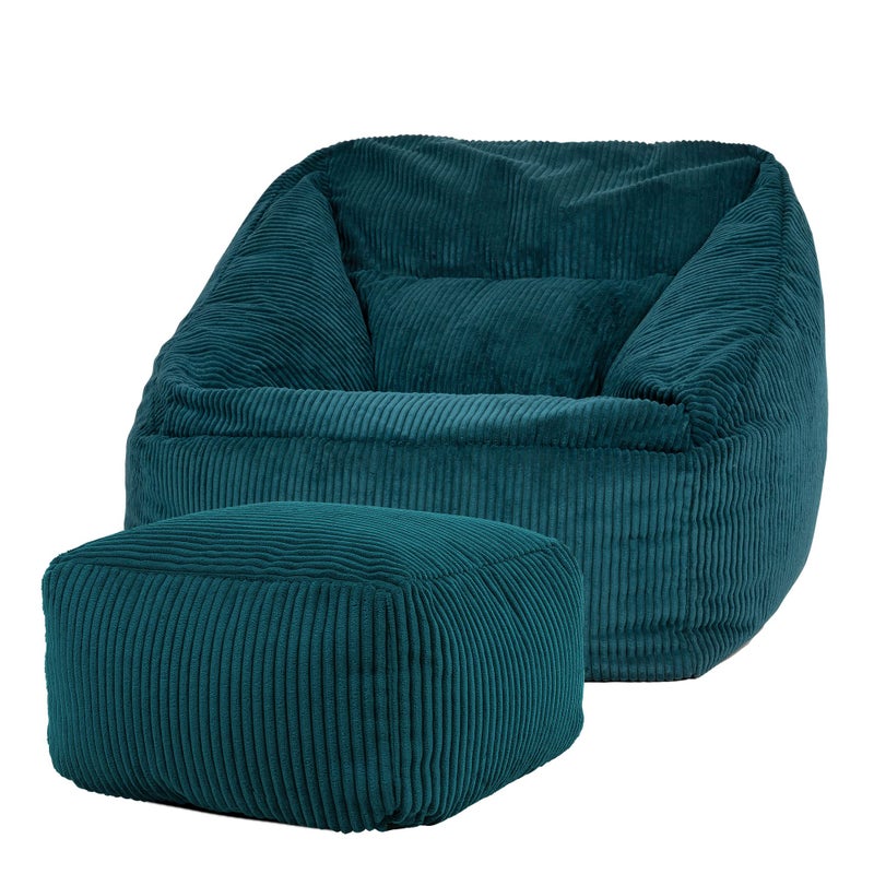 icon Natalia Cord Bean Bag Chair with Footstool Teal Green Large Adult Bean Bag with Filling Included Comfy Chair Armchair Living Room Living Room Furniture Bedroom Furniture
