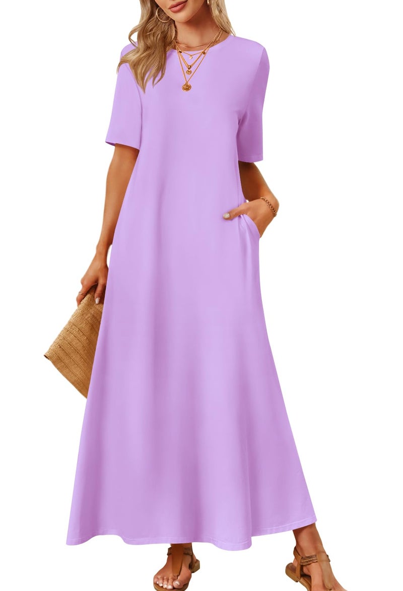 MEROKEETY Womens 2025 Summer Maxi Dress Casual Short Sleeve Beach Vacation Crewneck Basic Long T Shirt Dresses Lavender Large