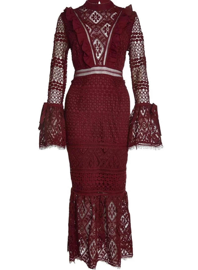 True Decadence Jenna Burgundy Peplum-Sleeve Lace Midi Dress