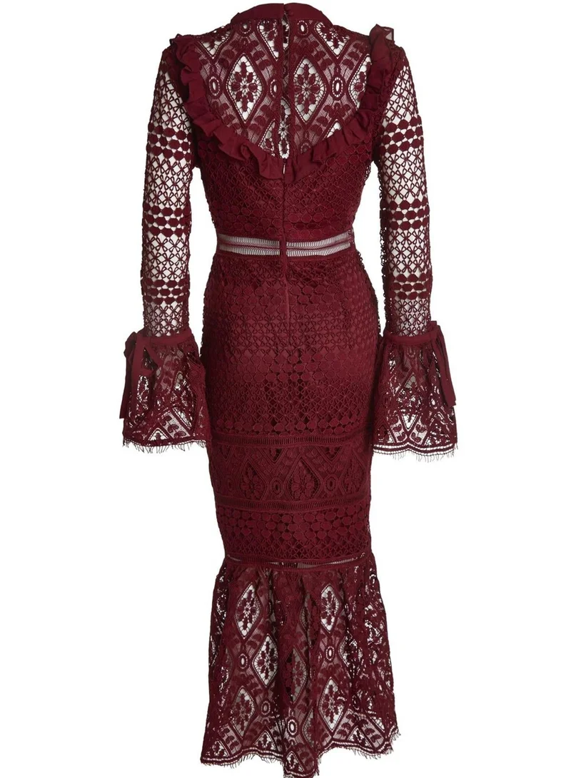 True Decadence Jenna Burgundy Peplum-Sleeve Lace Midi Dress