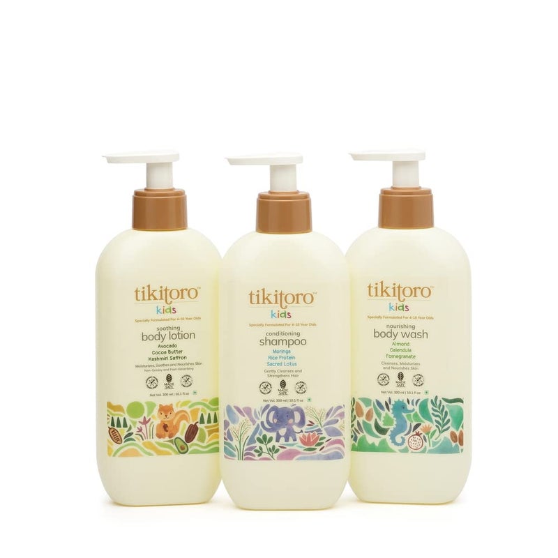 Tikitoro Kids Body and Hair Combo Offer Pack - 300ml x 3, Nourishing Body wash, Conditioning Shampoo & Soothing Body Lotion, Gift Sets for Kids, 100% Vegan, Age: 4+ Years. - Image 1
