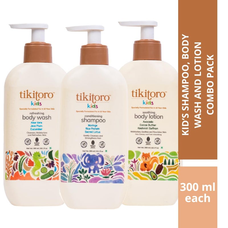Tikitoro Kids Body and Hair Combo Offer Pack - 300ml x 3, Nourishing Body wash, Conditioning Shampoo & Soothing Body Lotion, Gift Sets for Kids, 100% Vegan, Age: 4+ Years. - Image 2