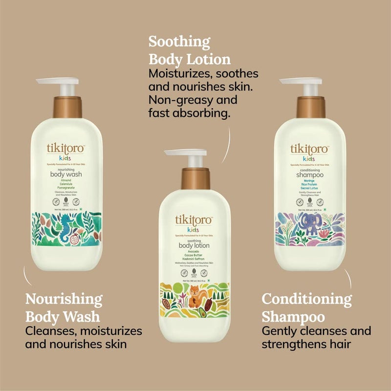 Tikitoro Kids Body and Hair Combo Offer Pack - 300ml x 3, Nourishing Body wash, Conditioning Shampoo & Soothing Body Lotion, Gift Sets for Kids, 100% Vegan, Age: 4+ Years. - Image 3