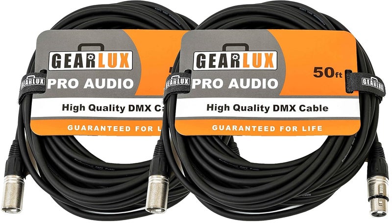 Gearlux DMX Cable, 3 Pin, Male to Female, 50 Feet - 2 Pack - Image 1